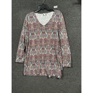J Jill Paisley Tunic Top Womens Size L V-Neck Long Sleeve Stretch Knit Shirt